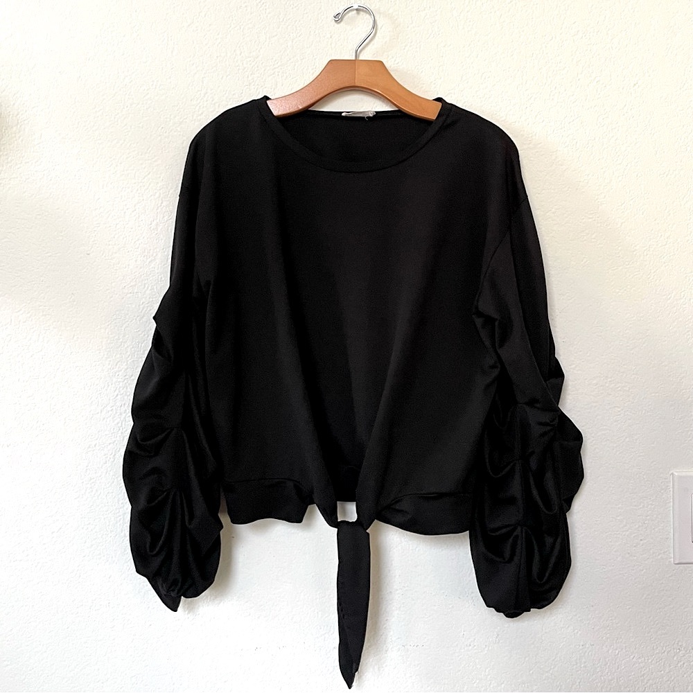 Black Cropped Tie-Front Crew Neck Sweatshirt Ruched Sleeves size S